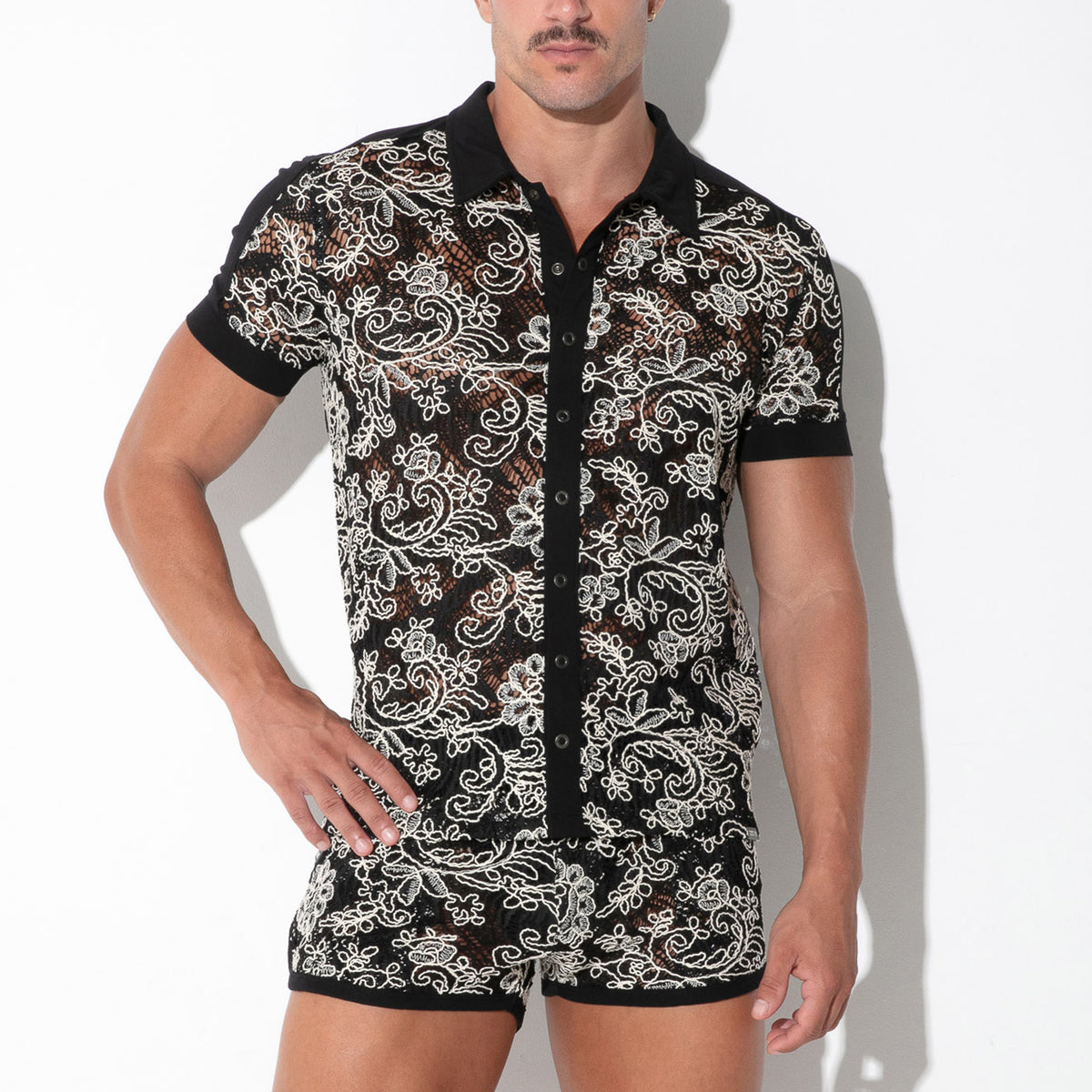 Code 22 Contrast Corded Lace Shirt Black