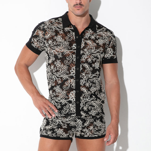 Code 22 Contrast Corded Lace Shirt Black