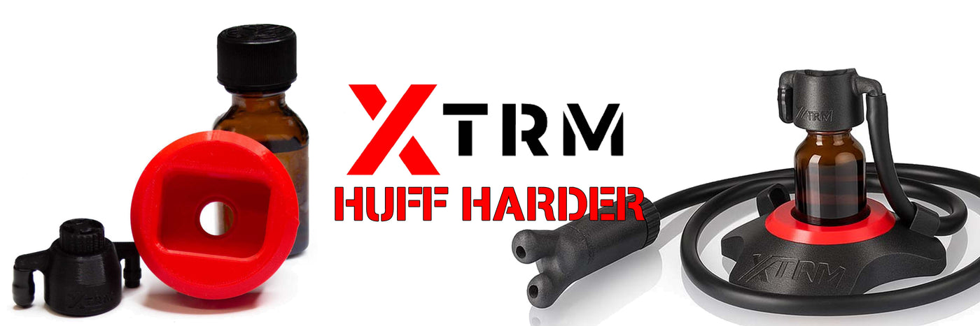 Red and black device with a bottle labeled 'XTRM HUFF HARDER' on a white background
