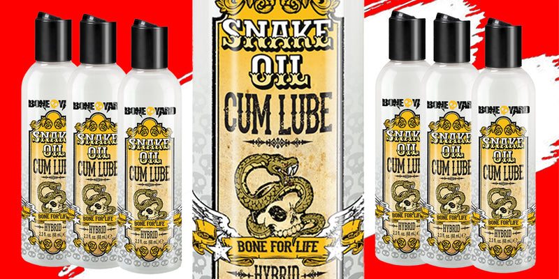 Snake Oil Cum Lube packaging with multiple bottles on a red and white background