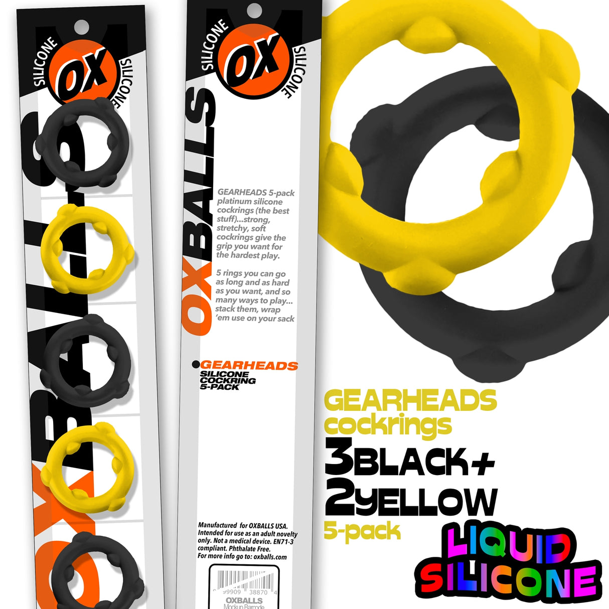 Oxballs Gearheads Cock Rings 5 Pack Yellow Black