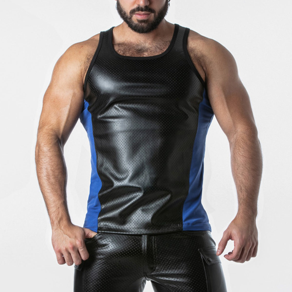 Locker Gear Punch Hole Leatherette Tank Top Blue