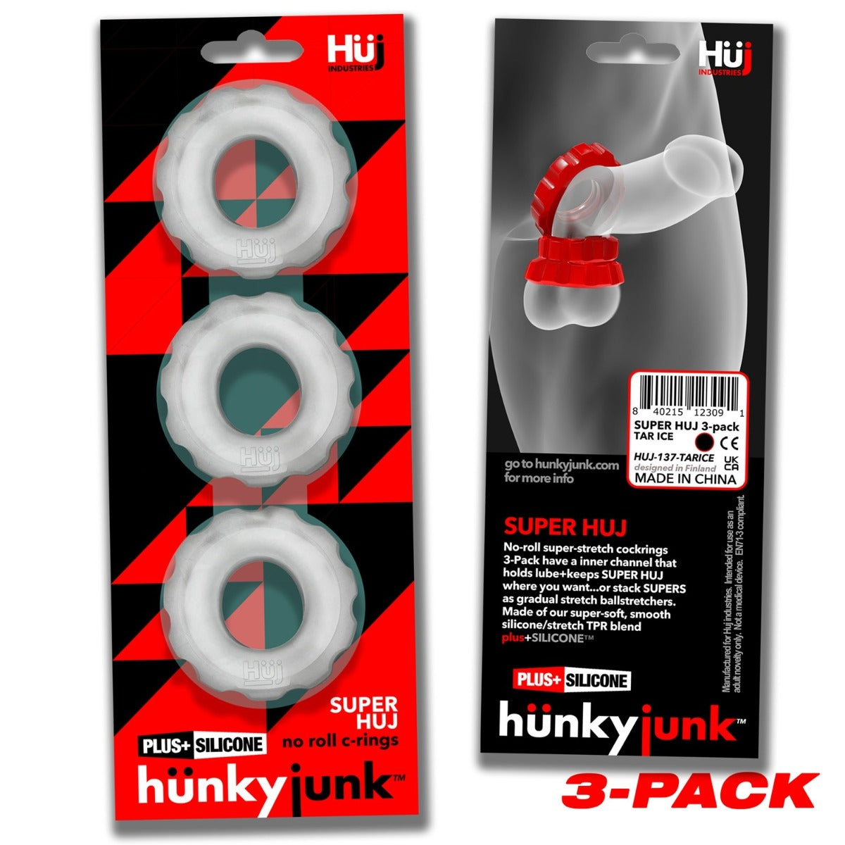 Hunkyjunk Super HUJ Cock Ring 3 Pack Clear Ice