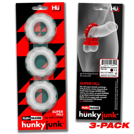 Hunkyjunk Super HUJ Cock Ring 3 Pack Clear Ice